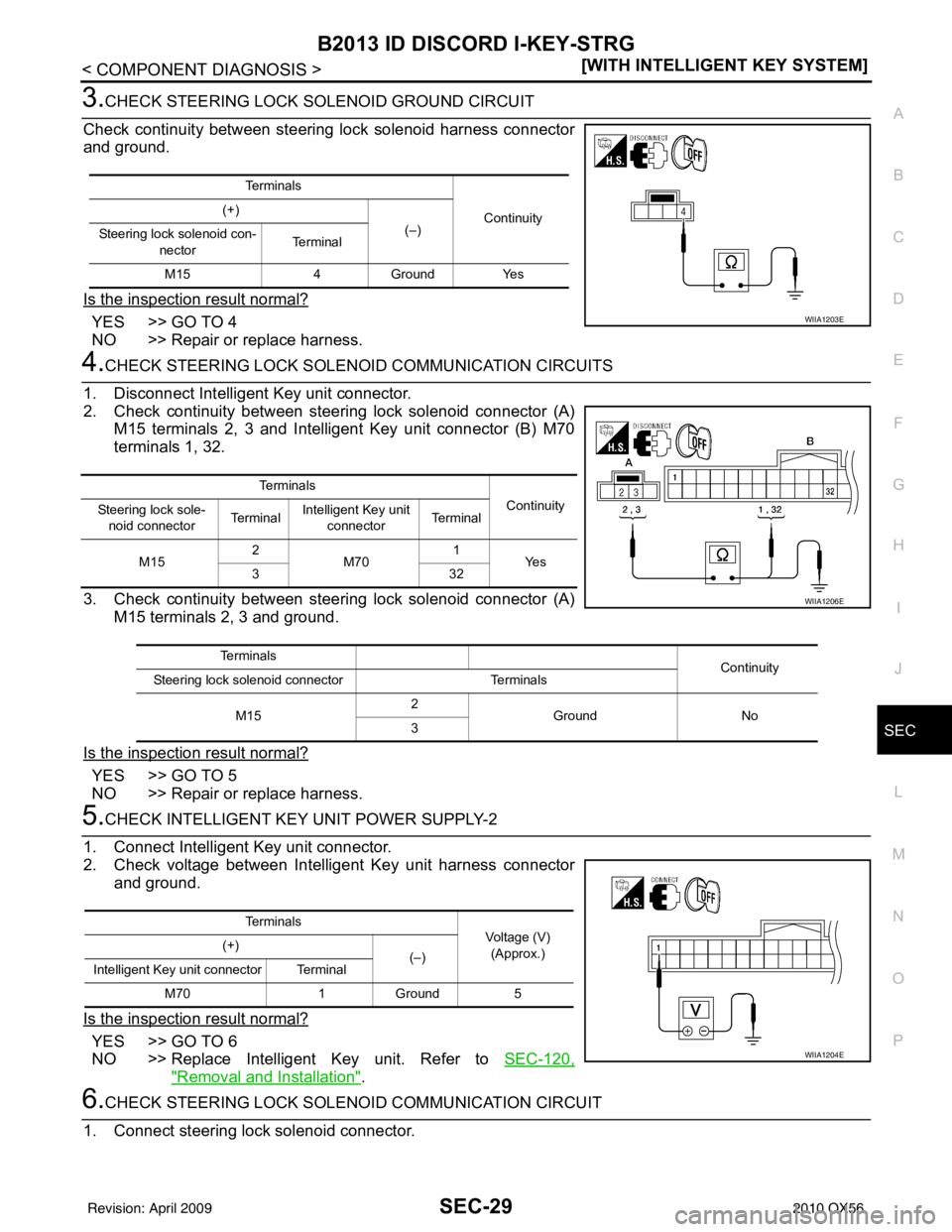 INFINITI QX56 2010  Factory Service Manual B2013 ID DISCORD I-KEY-STRGSEC-29
< COMPONENT DIAGNOSIS > [WITH INTELLIGENT KEY SYSTEM]
C
D
E
F
G H
I
J
L
M A
B
SEC
N
O P
3.CHECK STEERING LOCK SOLENOID GROUND CIRCUIT
Check continuity between steerin