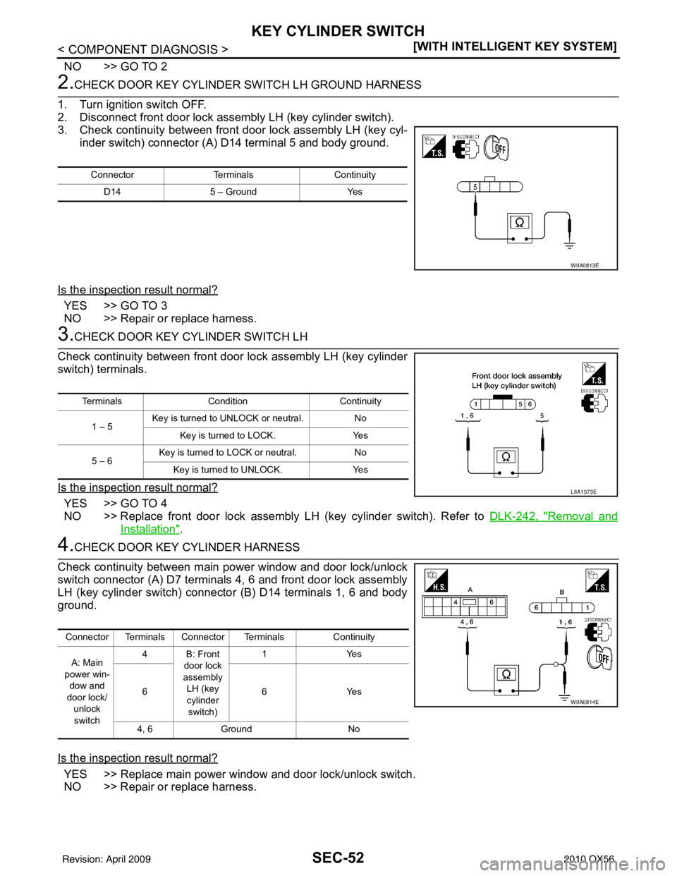 INFINITI QX56 2010  Factory Service Manual SEC-52
< COMPONENT DIAGNOSIS >[WITH INTELLIGENT KEY SYSTEM]
KEY CYLINDER SWITCH
NO >> GO TO 2
2.CHECK DOOR KEY CYLINDER SWITCH LH GROUND HARNESS
1. Turn ignition switch OFF.
2. Disconnect front door l
