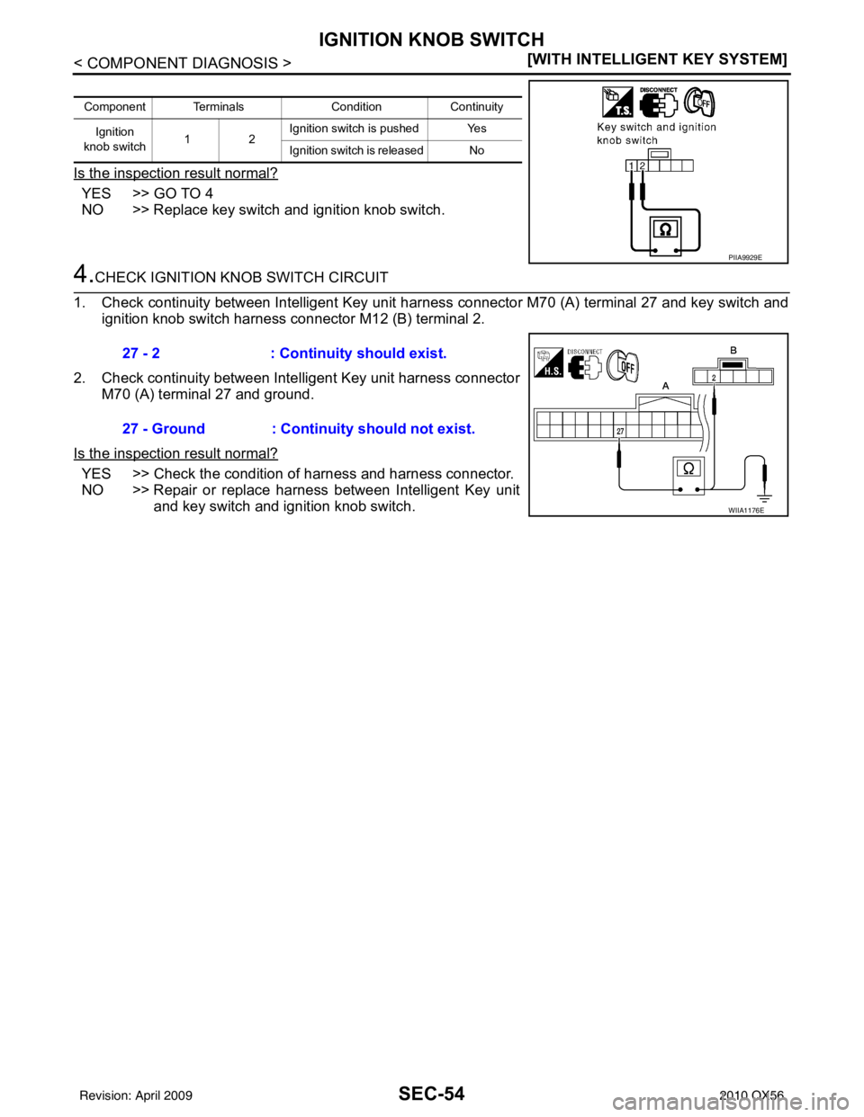 INFINITI QX56 2010  Factory Service Manual SEC-54
< COMPONENT DIAGNOSIS >[WITH INTELLIGENT KEY SYSTEM]
IGNITION KNOB SWITCH
Is the inspection result normal?
YES >> GO TO 4
NO >> Replace key switch and ignition knob switch.
4.CHECK IGNITION KNO