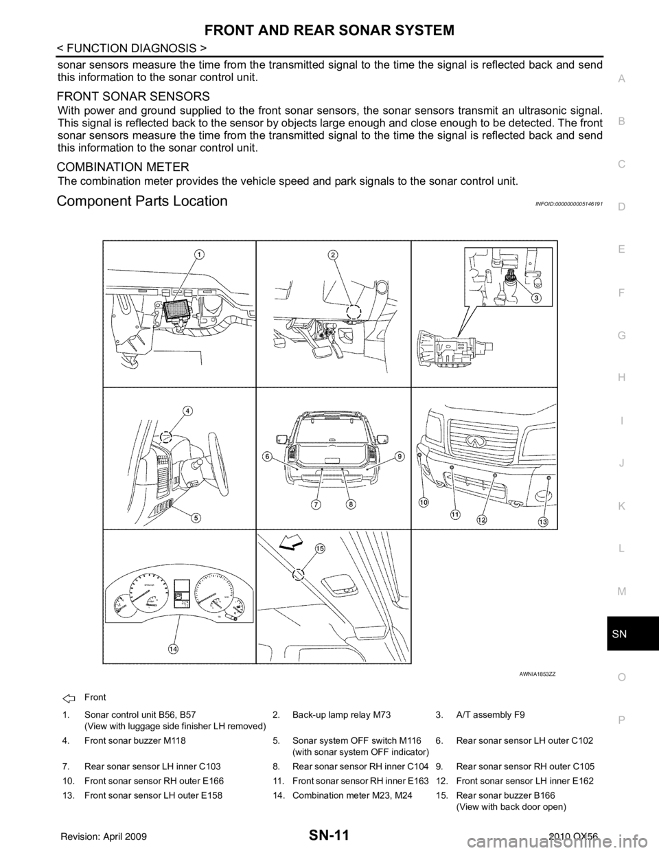 INFINITI QX56 2010  Factory Service Manual SN
FRONT AND REAR SONAR SYSTEMSN-11
< FUNCTION DIAGNOSIS >
C
DE
F
G H
I
J
K L
M B A
O P
sonar sensors measure the time from the transmitted si gnal to the time the signal is reflected back and send
th