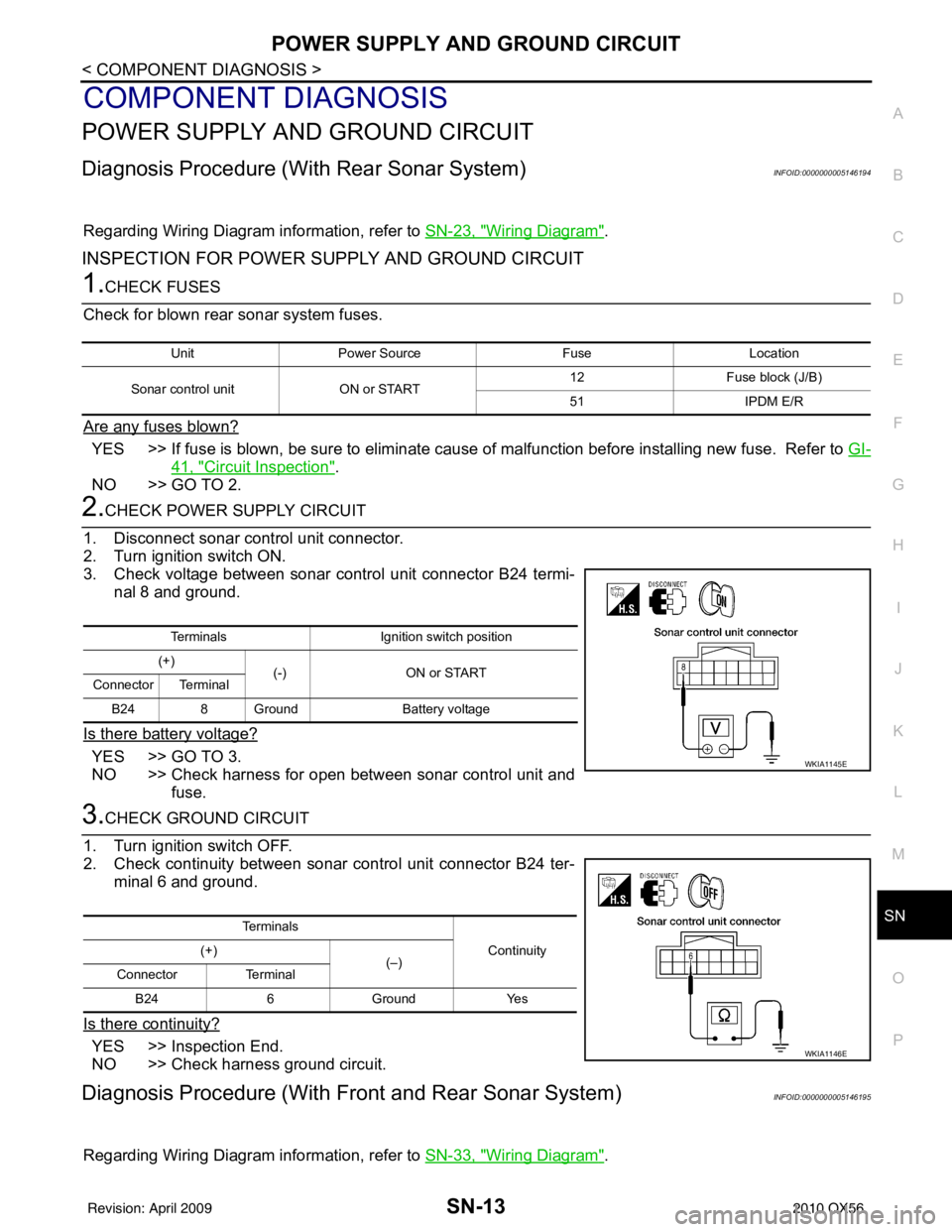 INFINITI QX56 2010  Factory Service Manual SN
POWER SUPPLY AND GROUND CIRCUITSN-13
< COMPONENT DIAGNOSIS >
C
DE
F
G H
I
J
K L
M B A
O P
COMPONENT DIAGNOSIS
POWER SUPPLY AND GROUND CIRCUIT
Diagnosis Procedure (With Rear Sonar System)INFOID:0000