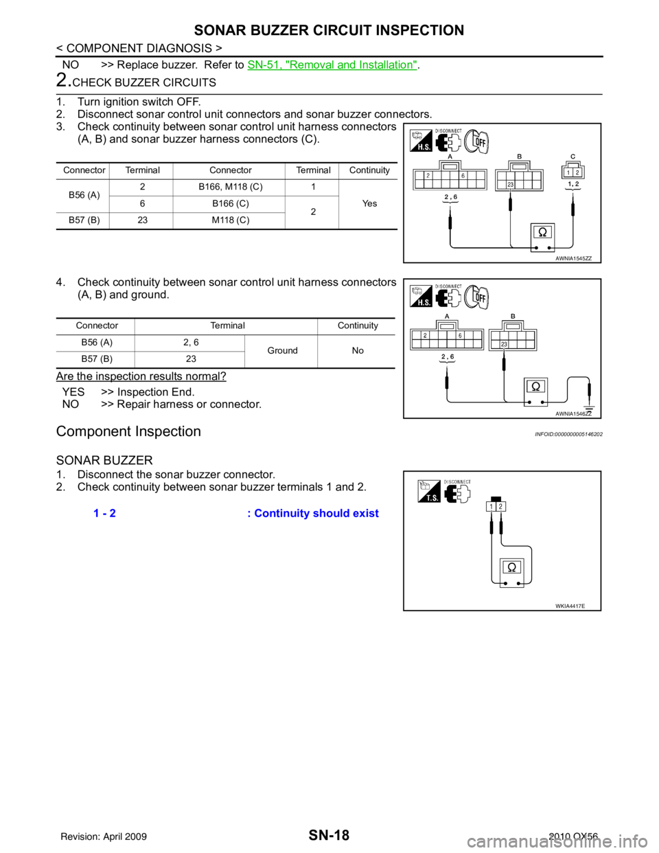 INFINITI QX56 2010  Factory Service Manual SN-18
< COMPONENT DIAGNOSIS >
SONAR BUZZER CIRCUIT INSPECTION
NO >> Replace buzzer.  Refer to SN-51, "Removal and Installation".
2.CHECK BUZZER CIRCUITS
1. Turn ignition switch OFF.
2. Disconnect sona