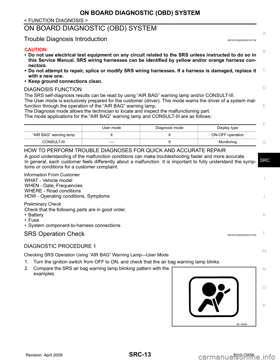 INFINITI QX56 2010  Factory Service Manual ON BOARD DIAGNOSTIC (OBD) SYSTEMSRC-13
< FUNCTION DIAGNOSIS >
C
DE
F
G
I
J
K L
M A
B
SRC
N
O P
ON BOARD DIAGNOSTIC (OBD) SYSTEM
Trouble Diagnosis IntroductionINFOID:0000000005147784
CAUTION:
• Do no