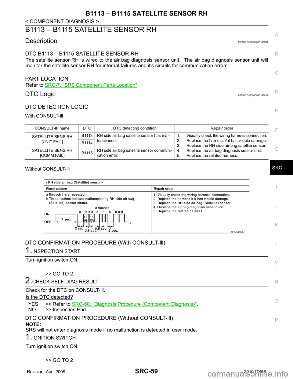 INFINITI QX56 2010 Factory Service Manual B1113 – B1115 SATELLITE SENSOR RHSRC-59
< COMPONENT DIAGNOSIS >
C
DE
F
G
I
J
K L
M A
B
SRC
N
O P
B1113 – B1115 SATELLITE SENSOR RH
DescriptionINFOID:0000000005147831
DTC B1113 – B1115 SATELLITE INFINITI QX56 2010 Factory Service Manual B1113 – B1115 SATELLITE SENSOR RHSRC-59
< COMPONENT DIAGNOSIS >
C
DE
F
G
I
J
K L
M A
B
SRC
N
O P
B1113 – B1115 SATELLITE SENSOR RH
DescriptionINFOID:0000000005147831
DTC B1113 – B1115 SATELLITE