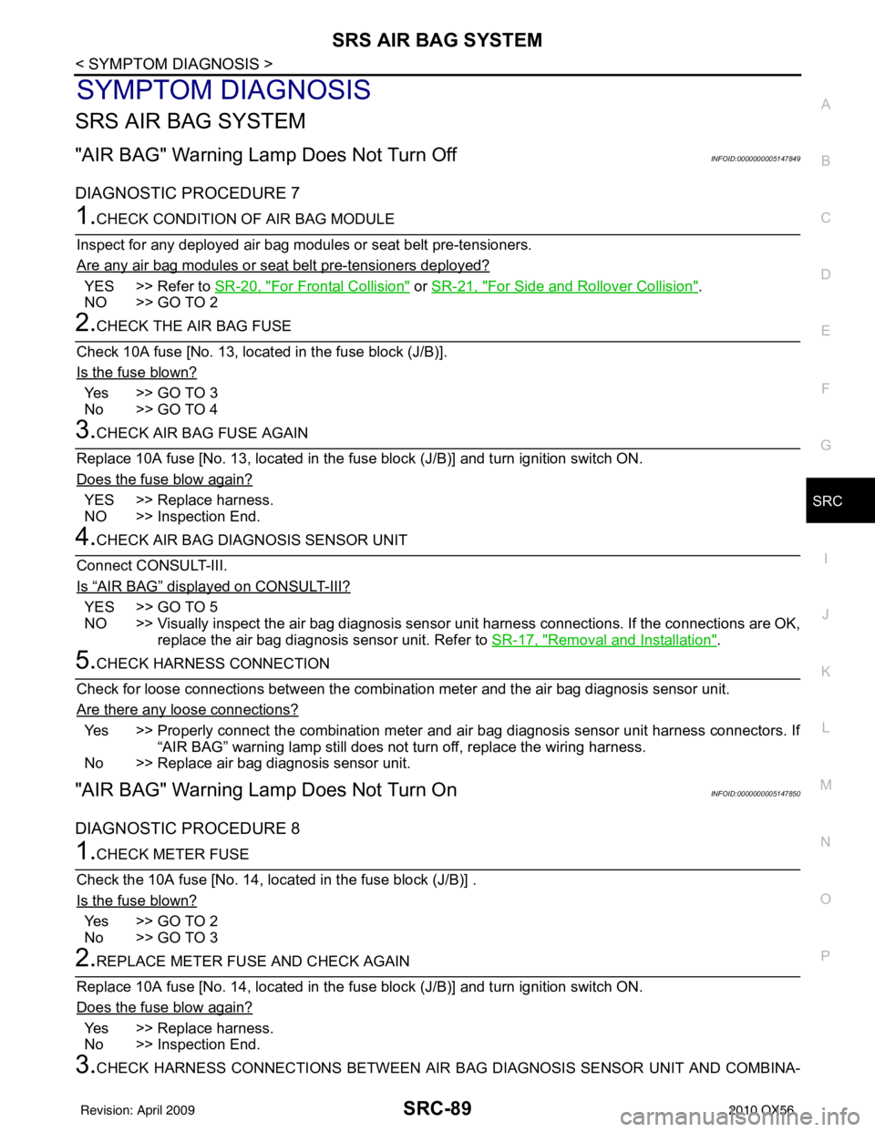 INFINITI QX56 2010 Factory Service Manual SRS AIR BAG SYSTEMSRC-89
< SYMPTOM DIAGNOSIS >
C
DE
F
G
I
J
K L
M A
B
SRC
N
O P
SYMPTOM DIAGNOSIS
SRS AIR BAG SYSTEM
"AIR BAG" Warning Lamp Does Not Turn OffINFOID:0000000005147849
DIAGNOSTIC PROCEDU INFINITI QX56 2010 Factory Service Manual SRS AIR BAG SYSTEMSRC-89
< SYMPTOM DIAGNOSIS >
C
DE
F
G
I
J
K L
M A
B
SRC
N
O P
SYMPTOM DIAGNOSIS
SRS AIR BAG SYSTEM
"AIR BAG" Warning Lamp Does Not Turn OffINFOID:0000000005147849
DIAGNOSTIC PROCEDU