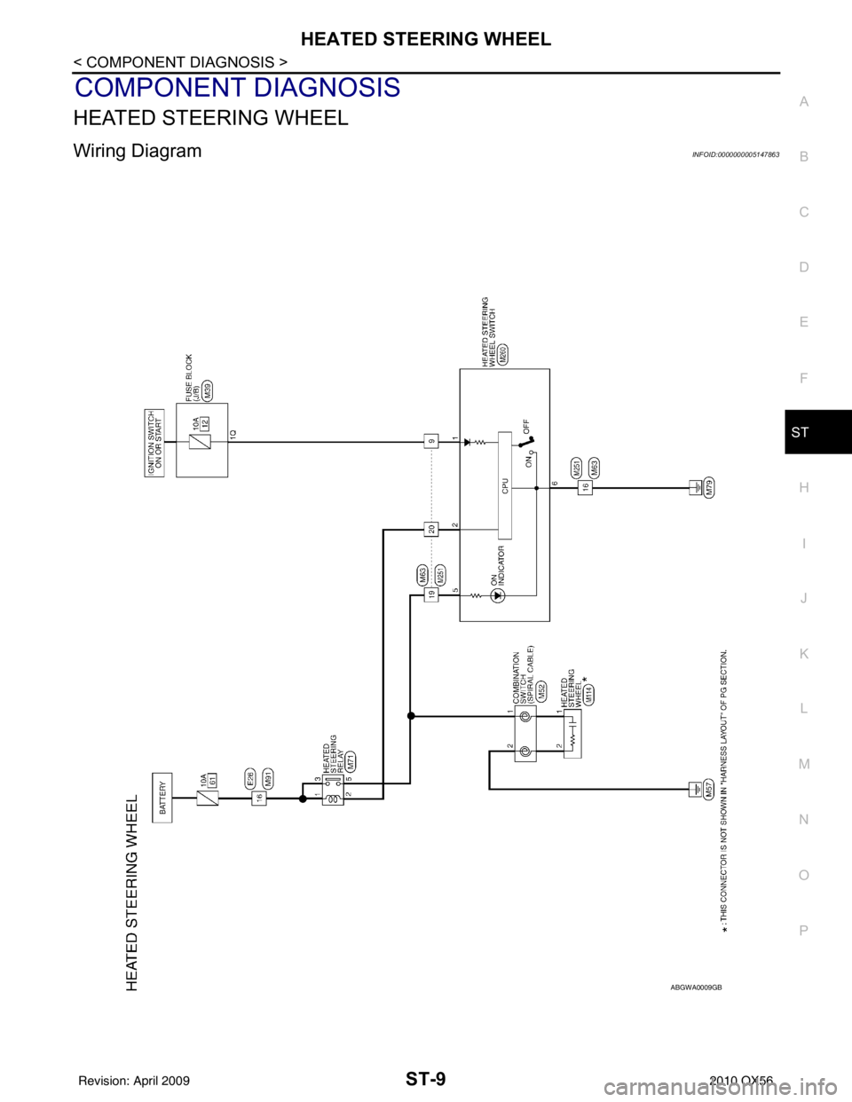 INFINITI QX56 2010  Factory Service Manual HEATED STEERING WHEELST-9
< COMPONENT DIAGNOSIS >
C
DE
F
H I
J
K L
M A
B
ST
N
O P
COMPONENT DIAGNOSIS
HEATED STEERING WHEEL
Wiring DiagramINFOID:0000000005147863
ABGWA0009GB
Revision: April 20092010 Q