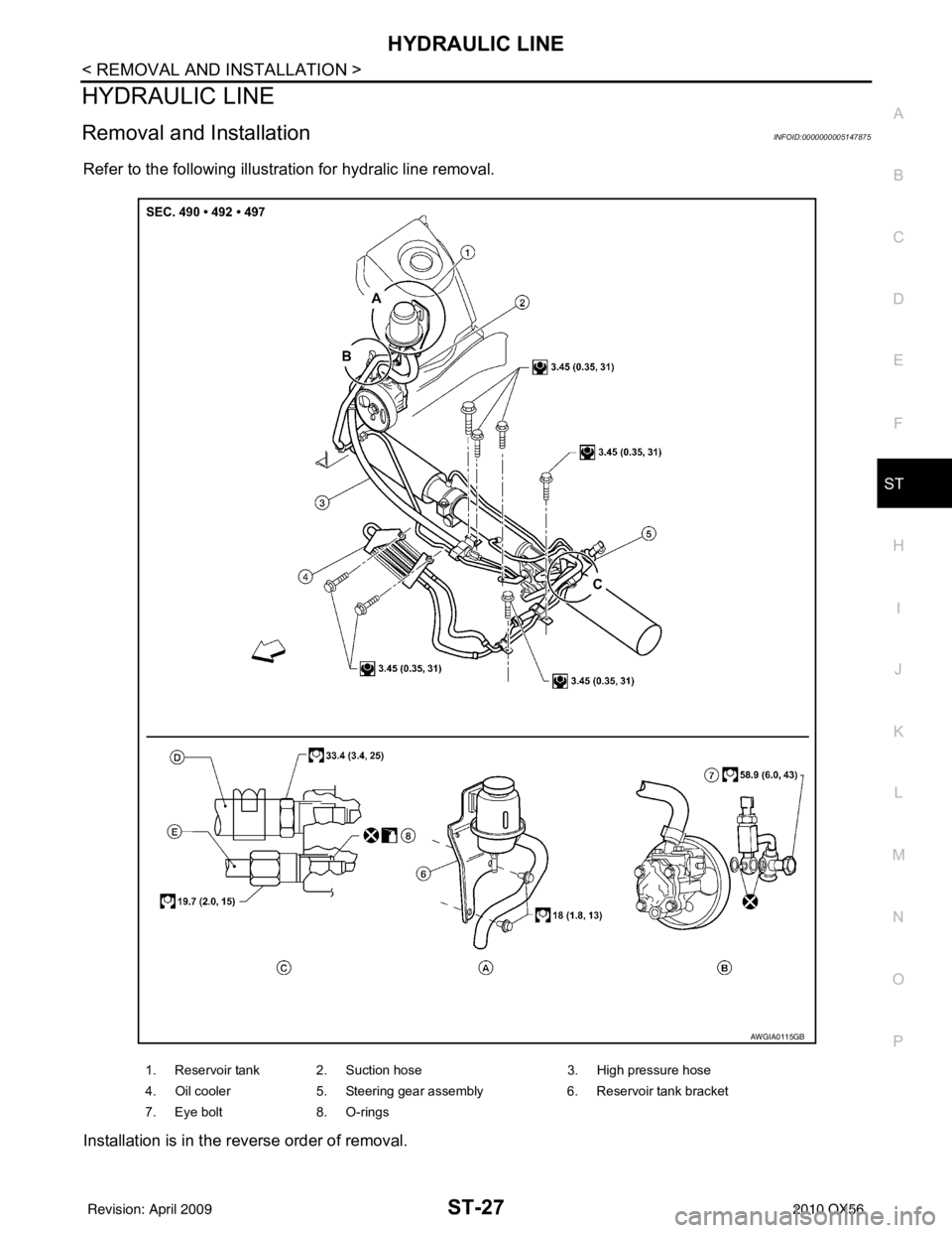 INFINITI QX56 2010  Factory Service Manual HYDRAULIC LINEST-27
< REMOVAL AND INSTALLATION >
C
DE
F
H I
J
K L
M A
B
ST
N
O P
HYDRAULIC LINE
Removal and InstallationINFOID:0000000005147875
Refer to the following illustration for hydralic line re