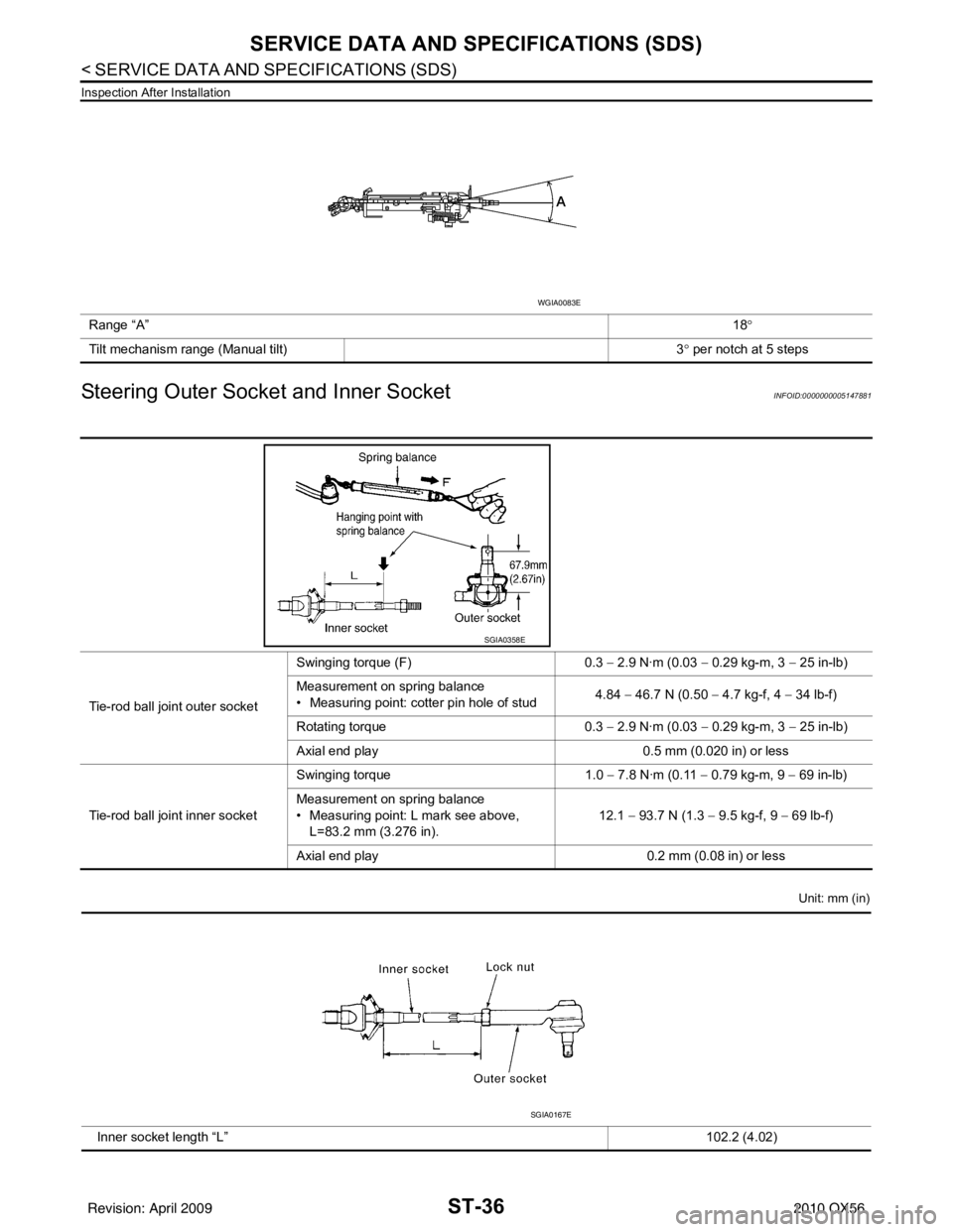 INFINITI QX56 2010  Factory Service Manual ST-36
< SERVICE DATA AND SPECIFICATIONS (SDS) 
SERVICE DATA AND SPECIFICATIONS (SDS)
Inspection After Installation
Steering Outer Socket and Inner SocketINFOID:0000000005147881
Unit: mm (in)
Range “