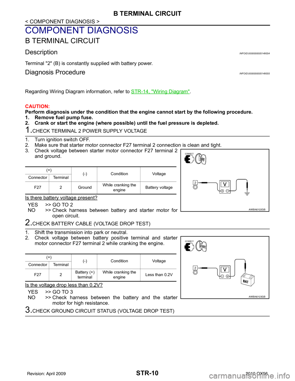INFINITI QX56 2010  Factory Service Manual STR-10
< COMPONENT DIAGNOSIS >
B TERMINAL CIRCUIT
COMPONENT DIAGNOSIS
B TERMINAL CIRCUIT
DescriptionINFOID:0000000005149554
Terminal "2" (B) is constantly supplied with battery power.
Diagnosis Proced