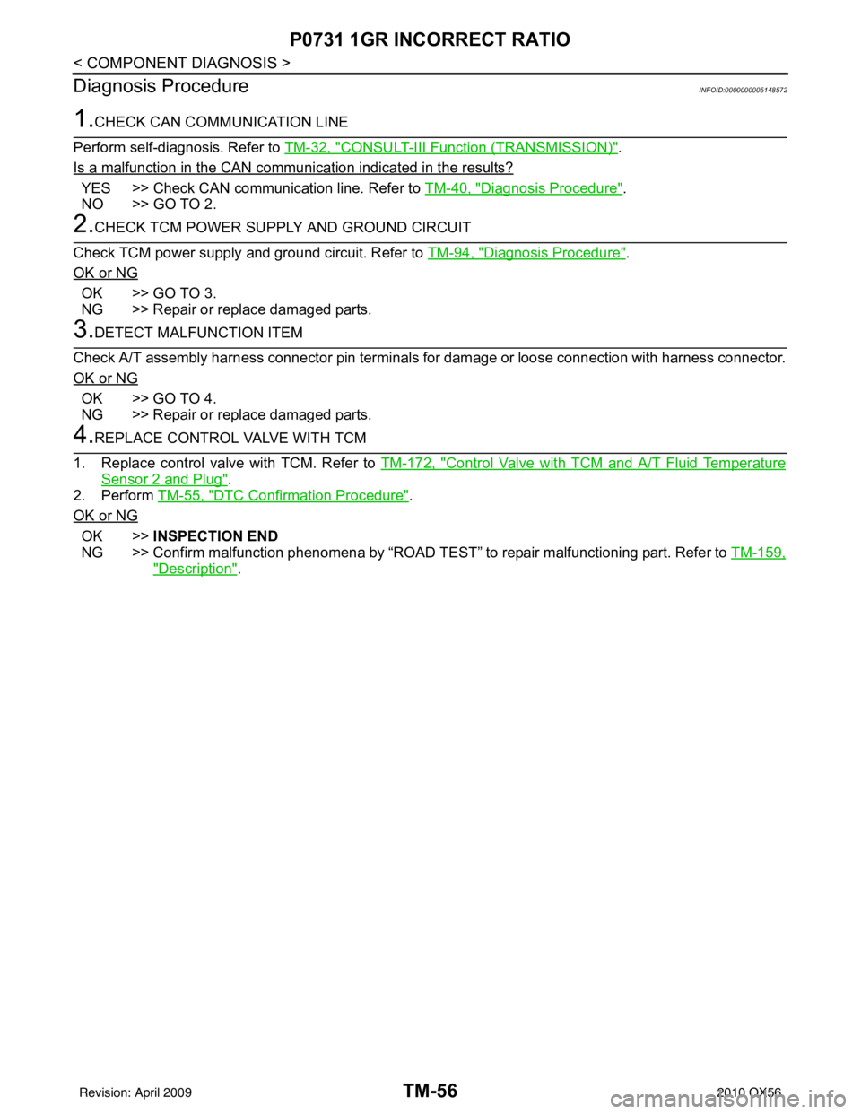 INFINITI QX56 2010 Factory Service Manual TM-56
< COMPONENT DIAGNOSIS >
P0731 1GR INCORRECT RATIO
Diagnosis Procedure
INFOID:0000000005148572
1.CHECK CAN COMMUNICATION LINE
Perform self-diagnosis. Refer to TM-32, "
CONSULT-III Functi on (TRAN INFINITI QX56 2010 Factory Service Manual TM-56
< COMPONENT DIAGNOSIS >
P0731 1GR INCORRECT RATIO
Diagnosis Procedure
INFOID:0000000005148572
1.CHECK CAN COMMUNICATION LINE
Perform self-diagnosis. Refer to TM-32, "
CONSULT-III Functi on (TRAN