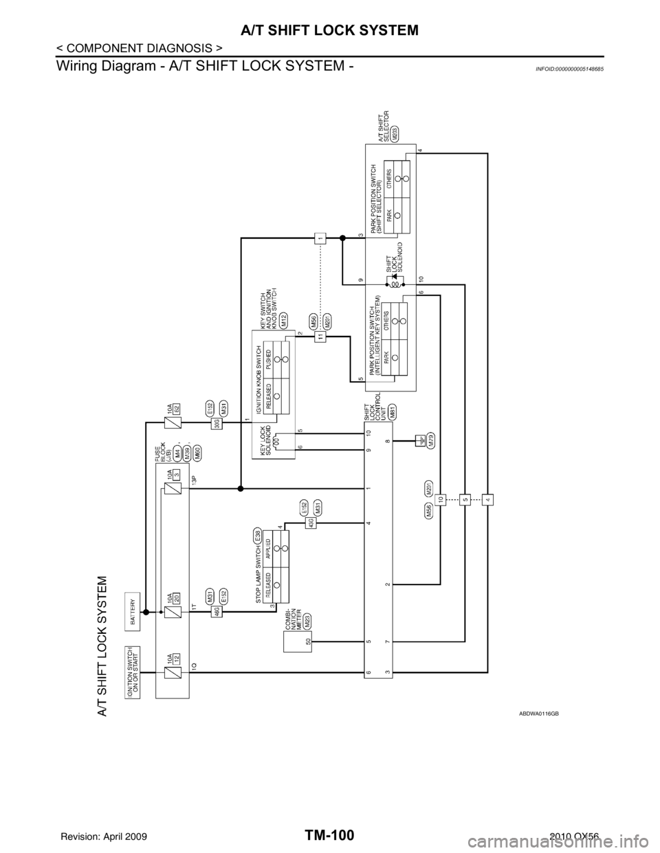 INFINITI QX56 2010  Factory Service Manual TM-100
< COMPONENT DIAGNOSIS >
A/T SHIFT LOCK SYSTEM
Wiring Diagram - A/T SHIFT LOCK SYSTEM -
INFOID:0000000005148685
ABDWA0116GB
Revision: April 20092010 QX56 