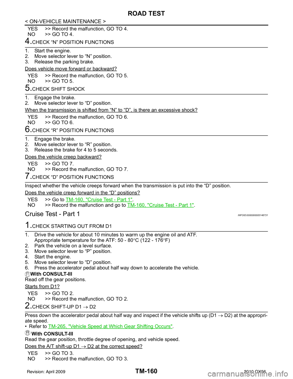 INFINITI QX56 2010  Factory Service Manual TM-160
< ON-VEHICLE MAINTENANCE >
ROAD TEST
YES >> Record the malfunction, GO TO 4.
NO >> GO TO 4. 
4.CHECK “N” POSITION FUNCTIONS
1. Start the engine.
2. Move selector lever to “N” position.
