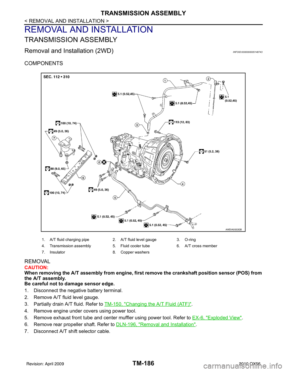 INFINITI QX56 2010  Factory Service Manual TM-186
< REMOVAL AND INSTALLATION >
TRANSMISSION ASSEMBLY
REMOVAL AND INSTALLATION
TRANSMISSION ASSEMBLY
Removal and Installation (2WD)INFOID:0000000005148743
COMPONENTS
REMOVAL
CAUTION:
When removing