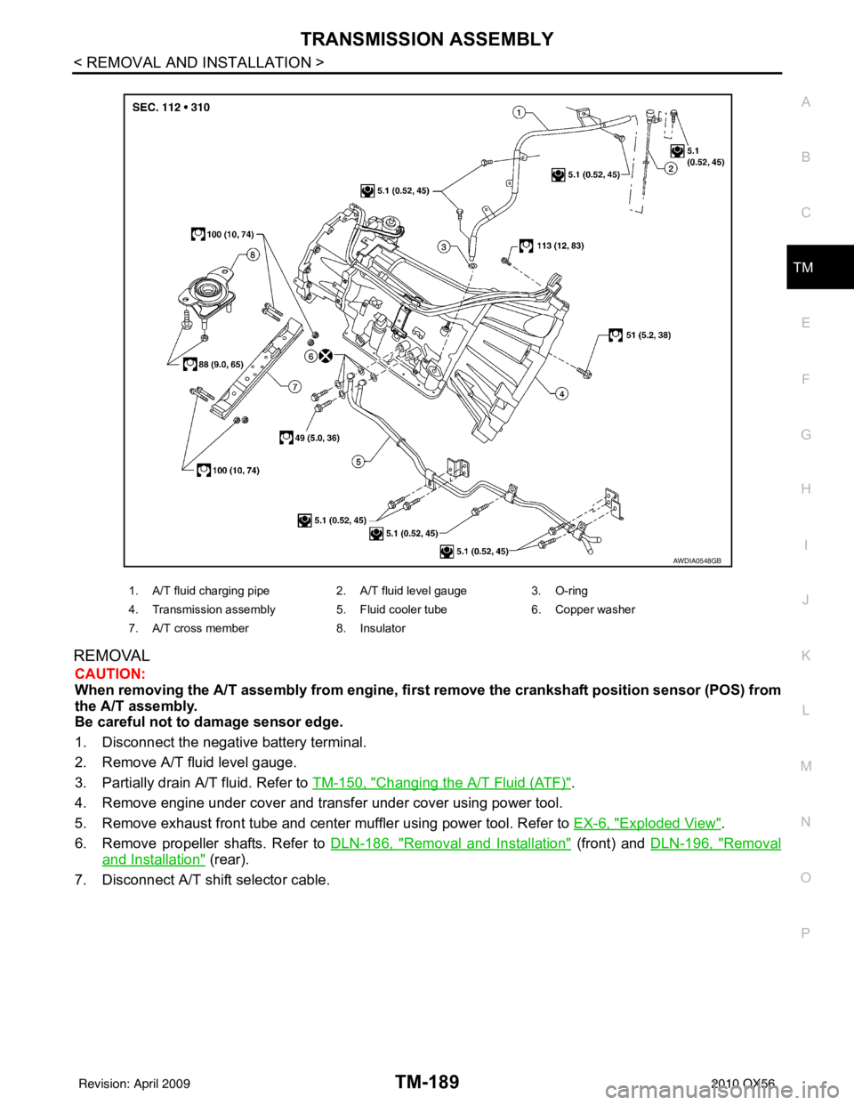 INFINITI QX56 2010  Factory Service Manual TRANSMISSION ASSEMBLYTM-189
< REMOVAL AND INSTALLATION >
CEF
G H
I
J
K L
M A
B
TM
N
O P
REMOVAL
CAUTION:
When removing the A/T assembly from engine, firs t remove the crankshaft position sensor (POS) 