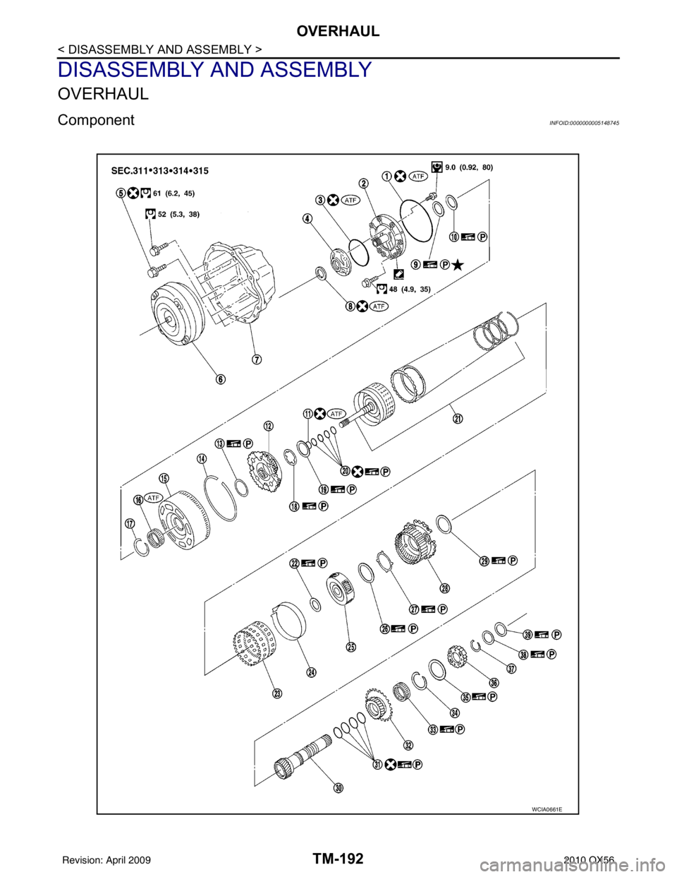 INFINITI QX56 2010  Factory Service Manual TM-192
< DISASSEMBLY AND ASSEMBLY >
OVERHAUL
DISASSEMBLY AND ASSEMBLY
OVERHAUL
ComponentINFOID:0000000005148745
WCIA0661E
Revision: April 20092010 QX56 