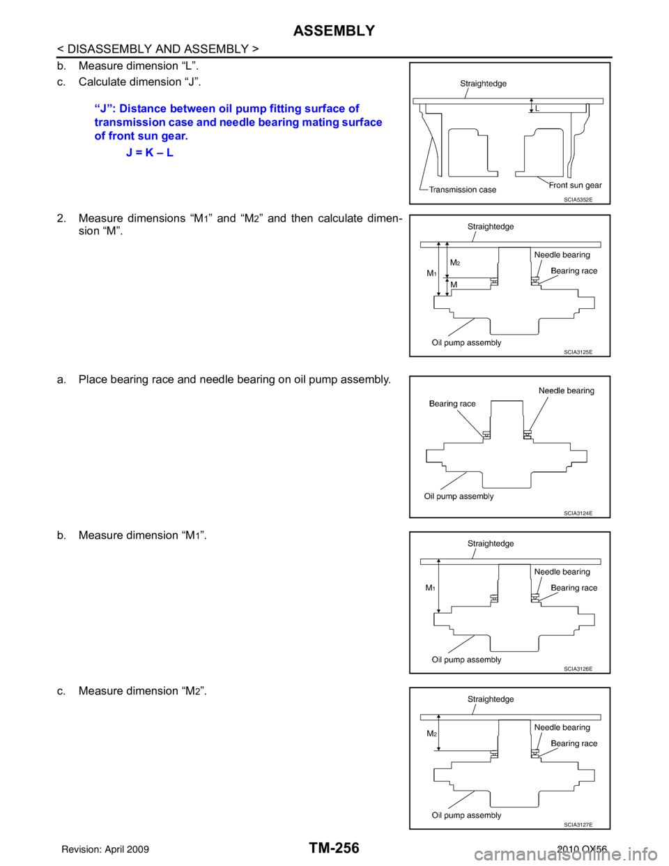 INFINITI QX56 2010  Factory Service Manual TM-256
< DISASSEMBLY AND ASSEMBLY >
ASSEMBLY
b. Measure dimension “L”.
c. Calculate dimension “J”.
2. Measure dimensions “M
1” and “M2” and then calculate dimen-
sion “M”.
a. Place