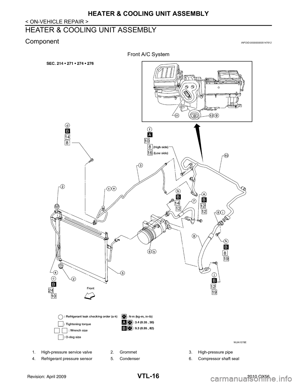 INFINITI QX56 2010  Factory Service Manual VTL-16
< ON-VEHICLE REPAIR >
HEATER & COOLING UNIT ASSEMBLY
HEATER & COOLING UNIT ASSEMBLY
ComponentINFOID:0000000005147612
Front A/C System
WJIA1578E
1. High-pressure service valve 2. Grommet3. High-