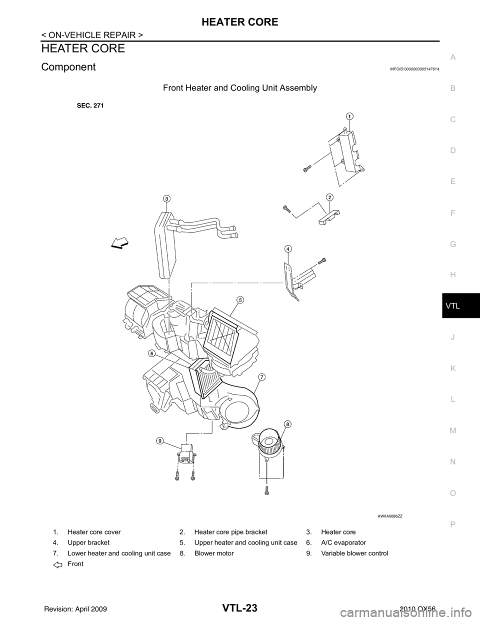 INFINITI QX56 2010  Factory Service Manual HEATER COREVTL-23
< ON-VEHICLE REPAIR >
C
DE
F
G H
J
K L
M A
B
VTL
N
O P
HEATER CORE
ComponentINFOID:0000000005147614
Front Heater and Cooling Unit Assembly
AWIIA0086ZZ
1. Heater core cover 2. Heater 