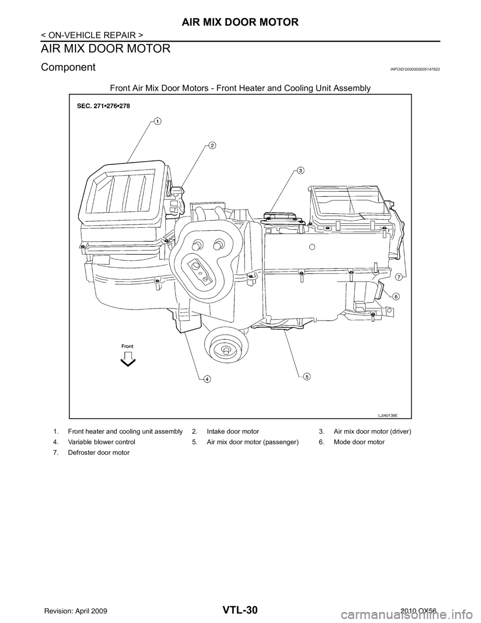 INFINITI QX56 2010  Factory Service Manual VTL-30
< ON-VEHICLE REPAIR >
AIR MIX DOOR MOTOR
AIR MIX DOOR MOTOR
ComponentINFOID:0000000005147620
Front Air Mix Door Motors - Front Heater and Cooling Unit Assembly
LJIA0139E
1. Front heater and coo
