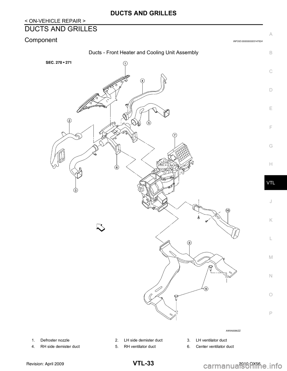 INFINITI QX56 2010  Factory Service Manual DUCTS AND GRILLESVTL-33
< ON-VEHICLE REPAIR >
C
DE
F
G H
J
K L
M A
B
VTL
N
O P
DUCTS AND GRILLES
ComponentINFOID:0000000005147624
Ducts - Front Heater and Cooling Unit Assembly
AWIIA0090ZZ
1. Defroste