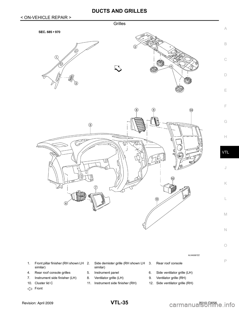 INFINITI QX56 2010  Factory Service Manual DUCTS AND GRILLESVTL-35
< ON-VEHICLE REPAIR >
C
DE
F
G H
J
K L
M A
B
VTL
N
O P
Grilles
ALIIA0067ZZ
1. Front pillar finisher (RH shown LH  similar) 2. Side demister grille (RH shown LH 
similar) 3. Rea
