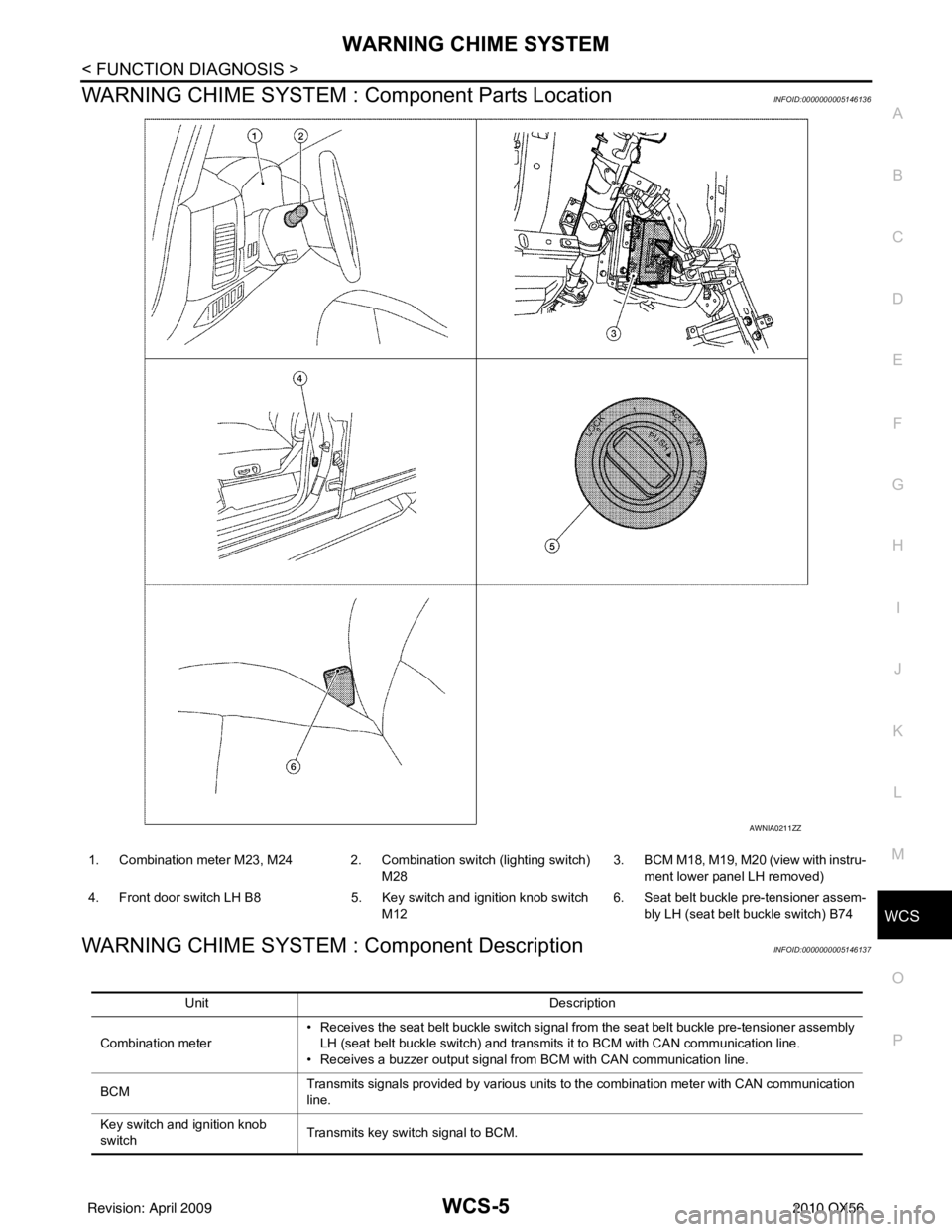 INFINITI QX56 2010  Factory Service Manual WCS
WARNING CHIME SYSTEMWCS-5
< FUNCTION DIAGNOSIS >
C
DE
F
G H
I
J
K L
M B A
O P
WARNING CHIME SYSTEM :  Component Parts LocationINFOID:0000000005146136
WARNING CHIME SYSTEM : Component DescriptionIN