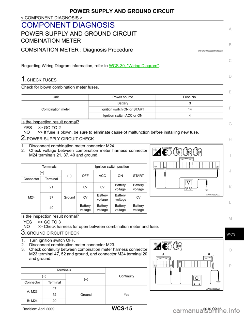 INFINITI QX56 2010 Factory Service Manual WCS
POWER SUPPLY AND GROUND CIRCUITWCS-15
< COMPONENT DIAGNOSIS >
C
DE
F
G H
I
J
K L
M B A
O P
COMPONENT DIAGNOSIS
POWER SUPPLY AND GROUND CIRCUIT
COMBINATION METER
COMBINATION METER : Diagnosis Proce INFINITI QX56 2010 Factory Service Manual WCS
POWER SUPPLY AND GROUND CIRCUITWCS-15
< COMPONENT DIAGNOSIS >
C
DE
F
G H
I
J
K L
M B A
O P
COMPONENT DIAGNOSIS
POWER SUPPLY AND GROUND CIRCUIT
COMBINATION METER
COMBINATION METER : Diagnosis Proce