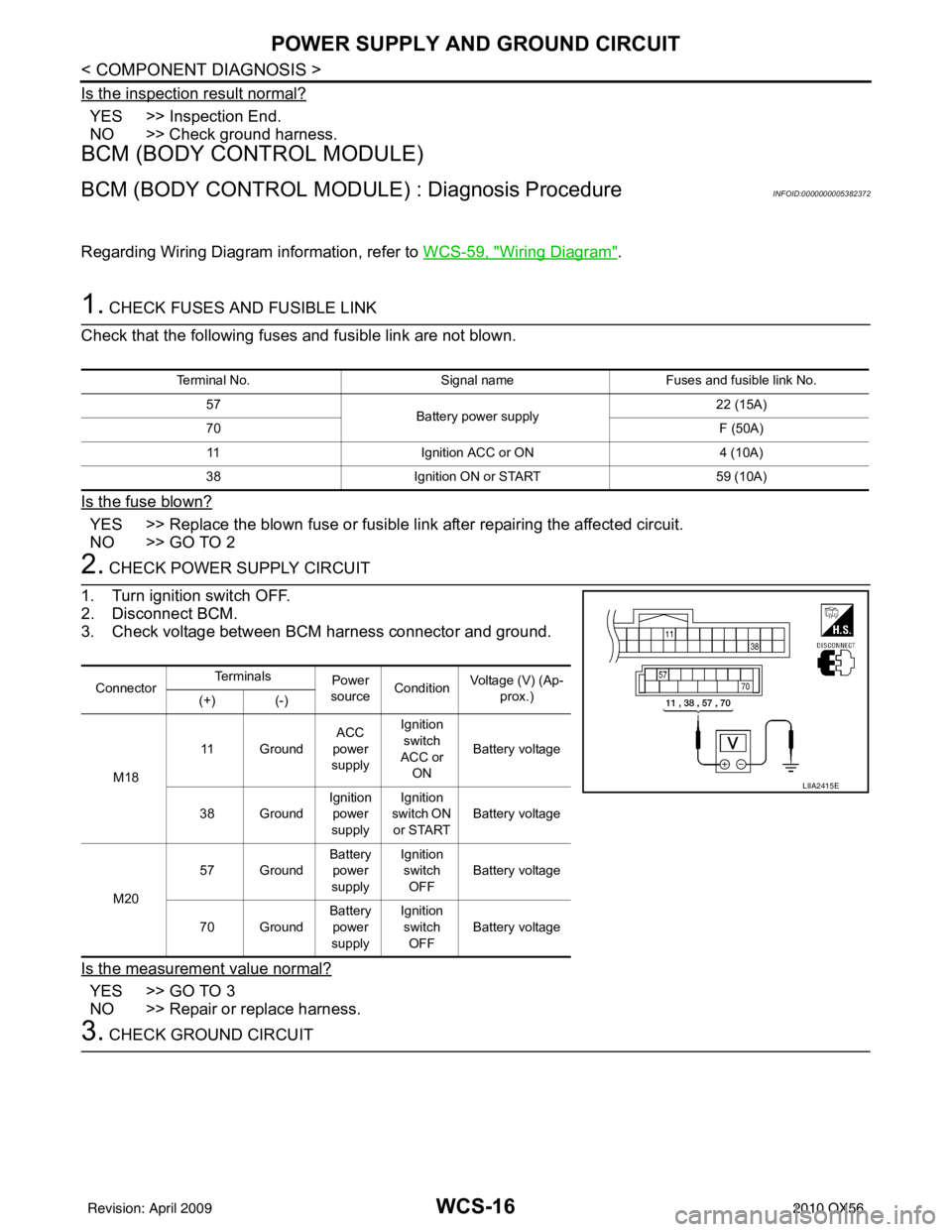 INFINITI QX56 2010 Factory Service Manual WCS-16
< COMPONENT DIAGNOSIS >
POWER SUPPLY AND GROUND CIRCUIT
Is the inspection result normal?
YES >> Inspection End.
NO >> Check ground harness.
BCM (BODY CONTROL MODULE)
BCM (BODY CONTROL MODULE) : INFINITI QX56 2010 Factory Service Manual WCS-16
< COMPONENT DIAGNOSIS >
POWER SUPPLY AND GROUND CIRCUIT
Is the inspection result normal?
YES >> Inspection End.
NO >> Check ground harness.
BCM (BODY CONTROL MODULE)
BCM (BODY CONTROL MODULE) :