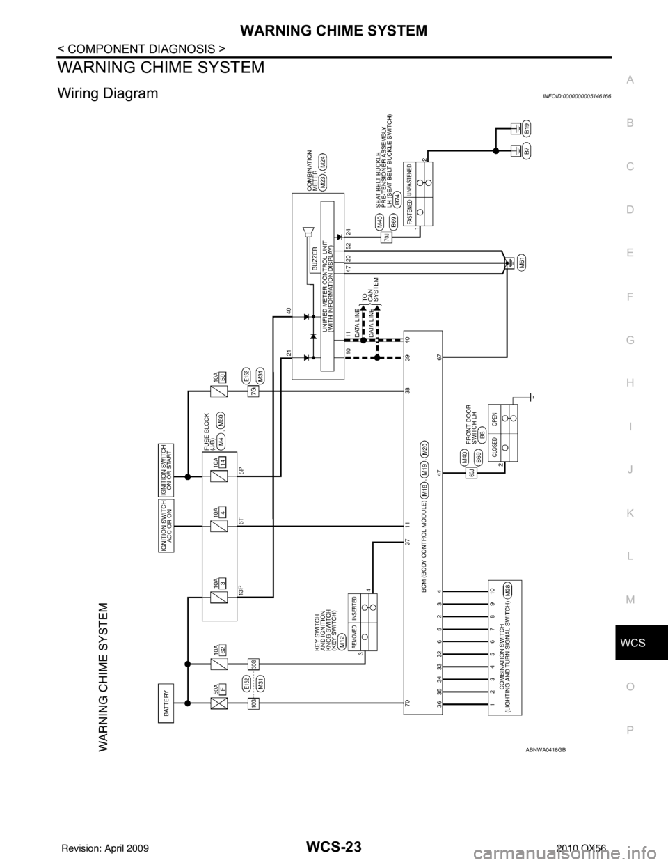 INFINITI QX56 2010  Factory Service Manual WCS
WARNING CHIME SYSTEMWCS-23
< COMPONENT DIAGNOSIS >
C
DE
F
G H
I
J
K L
M B A
O P
WARNING CHIME SYSTEM
Wiring DiagramINFOID:0000000005146166
ABNWA0418GB
Revision: April 20092010 QX56 
