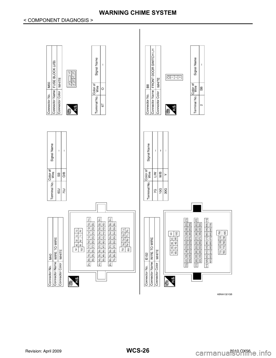 INFINITI QX56 2010  Factory Service Manual WCS-26
< COMPONENT DIAGNOSIS >
WARNING CHIME SYSTEM
ABNIA1321GB
Revision: April 20092010 QX56 