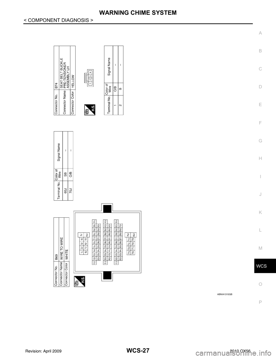 INFINITI QX56 2010  Factory Service Manual WCS
WARNING CHIME SYSTEMWCS-27
< COMPONENT DIAGNOSIS >
C
DE
F
G H
I
J
K L
M B A
O P
ABNIA1315GB
Revision: April 20092010 QX56 
