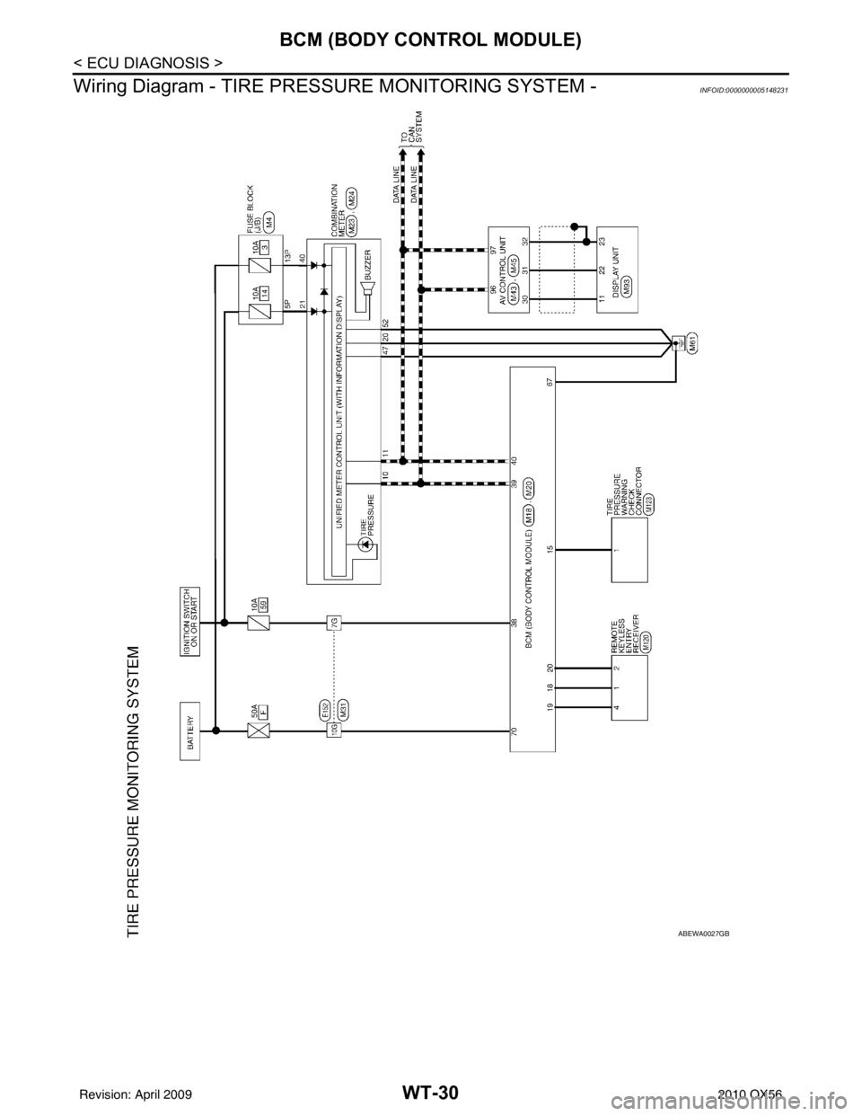 INFINITI QX56 2010  Factory Service Manual WT-30
< ECU DIAGNOSIS >
BCM (BODY CONTROL MODULE)
Wiring Diagram - TIRE PRESSU RE MONITORING SYSTEM -
INFOID:0000000005148231
ABEWA0027GB
Revision: April 20092010 QX56 