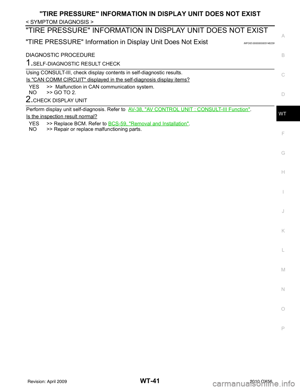 INFINITI QX56 2010  Factory Service Manual "TIRE PRESSURE" INFORMATION IN DISPLAY UNIT DOES NOT EXIST
WT-41
< SYMPTOM DIAGNOSIS >
C
D F
G H
I
J
K L
M A
B
WT
N
O P
"TIRE PRESSURE" INFORMATION IN DISPLAY UNIT DOES NOT EXIST
"TIRE PRESSURE" Infor