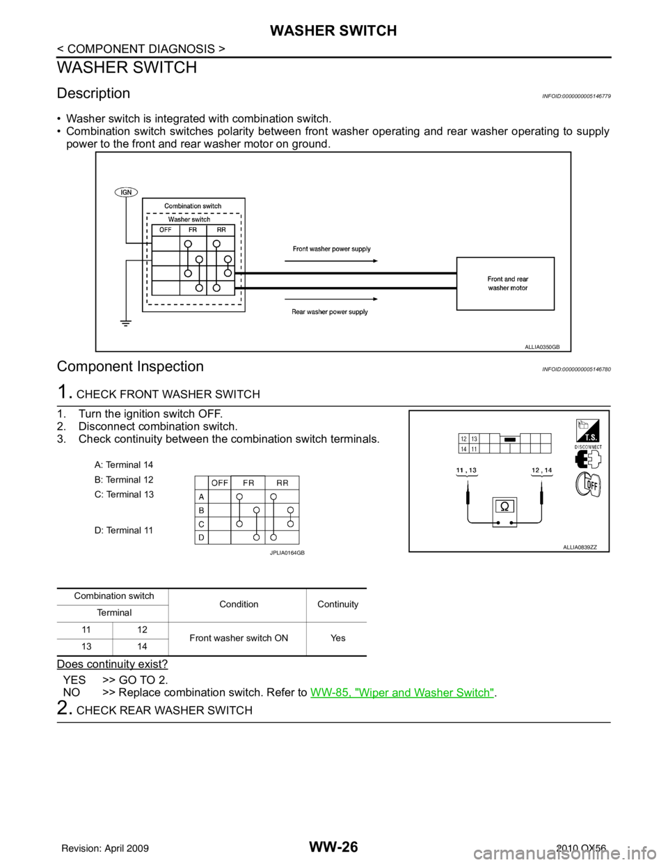 INFINITI QX56 2010  Factory Service Manual WW-26
< COMPONENT DIAGNOSIS >
WASHER SWITCH
WASHER SWITCH
DescriptionINFOID:0000000005146779
• Washer switch is integrated with combination switch.
• Combination switch switches polarity between f