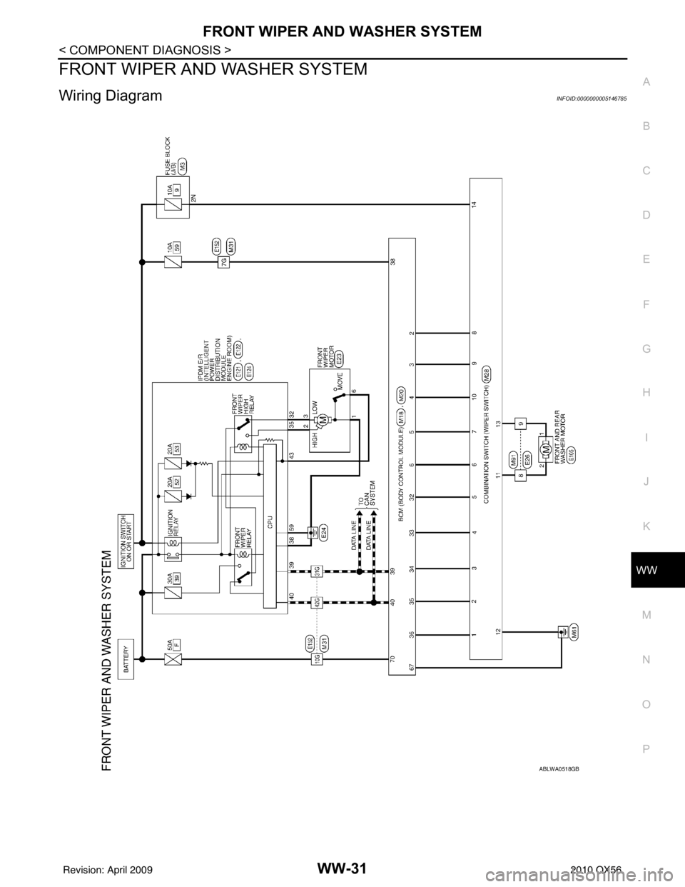 INFINITI QX56 2010  Factory Service Manual FRONT WIPER AND WASHER SYSTEMWW-31
< COMPONENT DIAGNOSIS >
C
DE
F
G H
I
J
K
M A
B
WW
N
O P
FRONT WIPER AND WASHER SYSTEM
Wiring DiagramINFOID:0000000005146785
ABLWA0518GB
Revision: April 20092010 QX56
