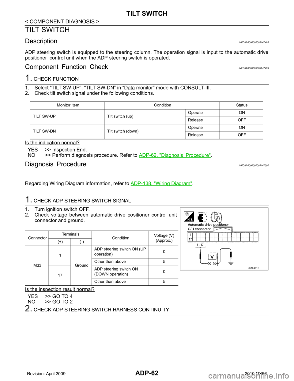 INFINITI QX56 2010 Factory Service Manual ADP-62
< COMPONENT DIAGNOSIS >
TILT SWITCH
TILT SWITCH
DescriptionINFOID:0000000005147498
ADP steering switch is equipped to the steering column. The operation signal is input to the automatic drive
p INFINITI QX56 2010 Factory Service Manual ADP-62
< COMPONENT DIAGNOSIS >
TILT SWITCH
TILT SWITCH
DescriptionINFOID:0000000005147498
ADP steering switch is equipped to the steering column. The operation signal is input to the automatic drive
p