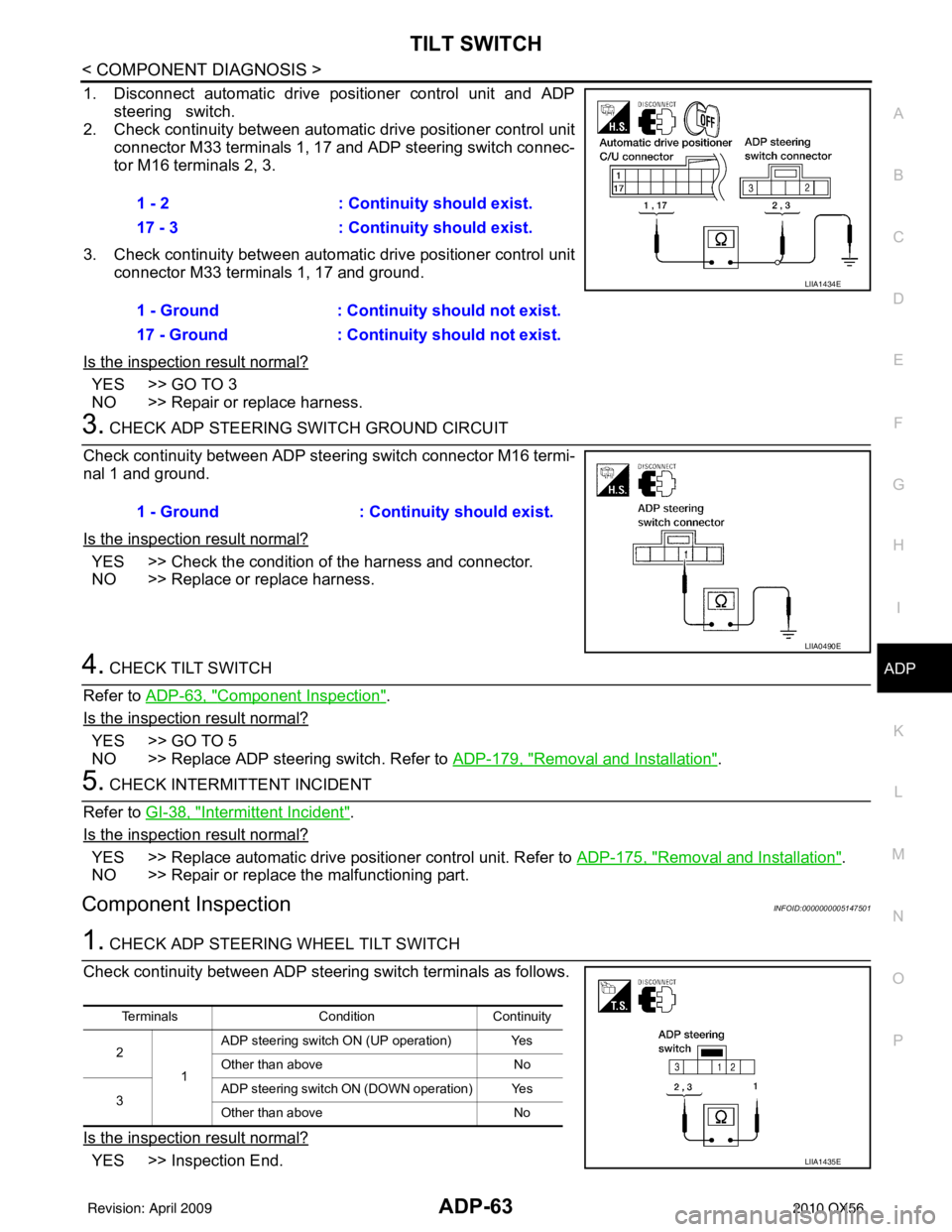 INFINITI QX56 2010 Factory Service Manual TILT SWITCHADP-63
< COMPONENT DIAGNOSIS >
C
DE
F
G H
I
K L
M A
B
ADP
N
O P
1. Disconnect automatic drive positioner control unit and ADP steering switch.
2. Check continuity between automat ic drive INFINITI QX56 2010 Factory Service Manual TILT SWITCHADP-63
< COMPONENT DIAGNOSIS >
C
DE
F
G H
I
K L
M A
B
ADP
N
O P
1. Disconnect automatic drive positioner control unit and ADP steering switch.
2. Check continuity between automat ic drive