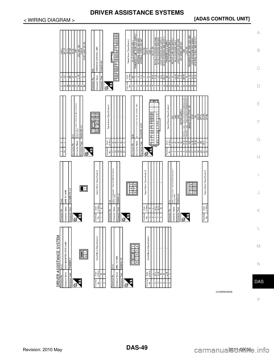 INFINITI QX56 2011  Factory Service Manual 
DAS
DRIVER ASSISTANCE SYSTEMSDAS-49
< WIRING DIAGRAM > [ADAS CONTROL UNIT]
C
D
E
F
G H
I
J
K L
M B
N P A
JCOWM0359GB
Revision: 2010 May2011 QX56  