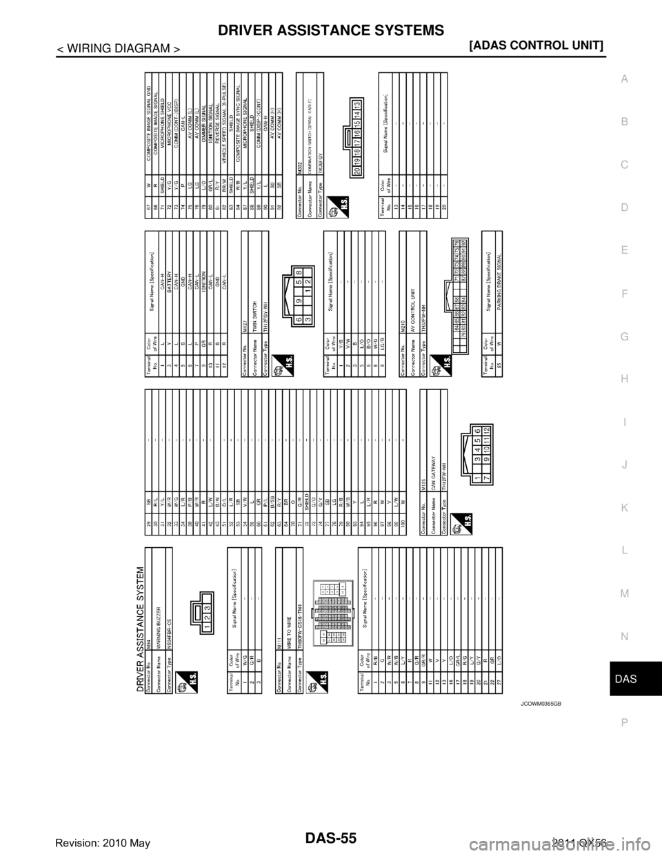 INFINITI QX56 2011  Factory Service Manual 
DAS
DRIVER ASSISTANCE SYSTEMSDAS-55
< WIRING DIAGRAM > [ADAS CONTROL UNIT]
C
D
E
F
G H
I
J
K L
M B
N P A
JCOWM0365GB
Revision: 2010 May2011 QX56  