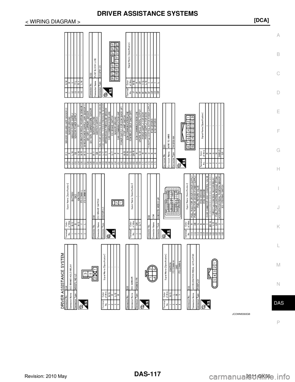 INFINITI QX56 2011  Factory Service Manual 
DAS
DRIVER ASSISTANCE SYSTEMSDAS-117
< WIRING DIAGRAM > [DCA]
C
D
E
F
G H
I
J
K L
M B
N P A
JCOWM0360GB
Revision: 2010 May2011 QX56  
