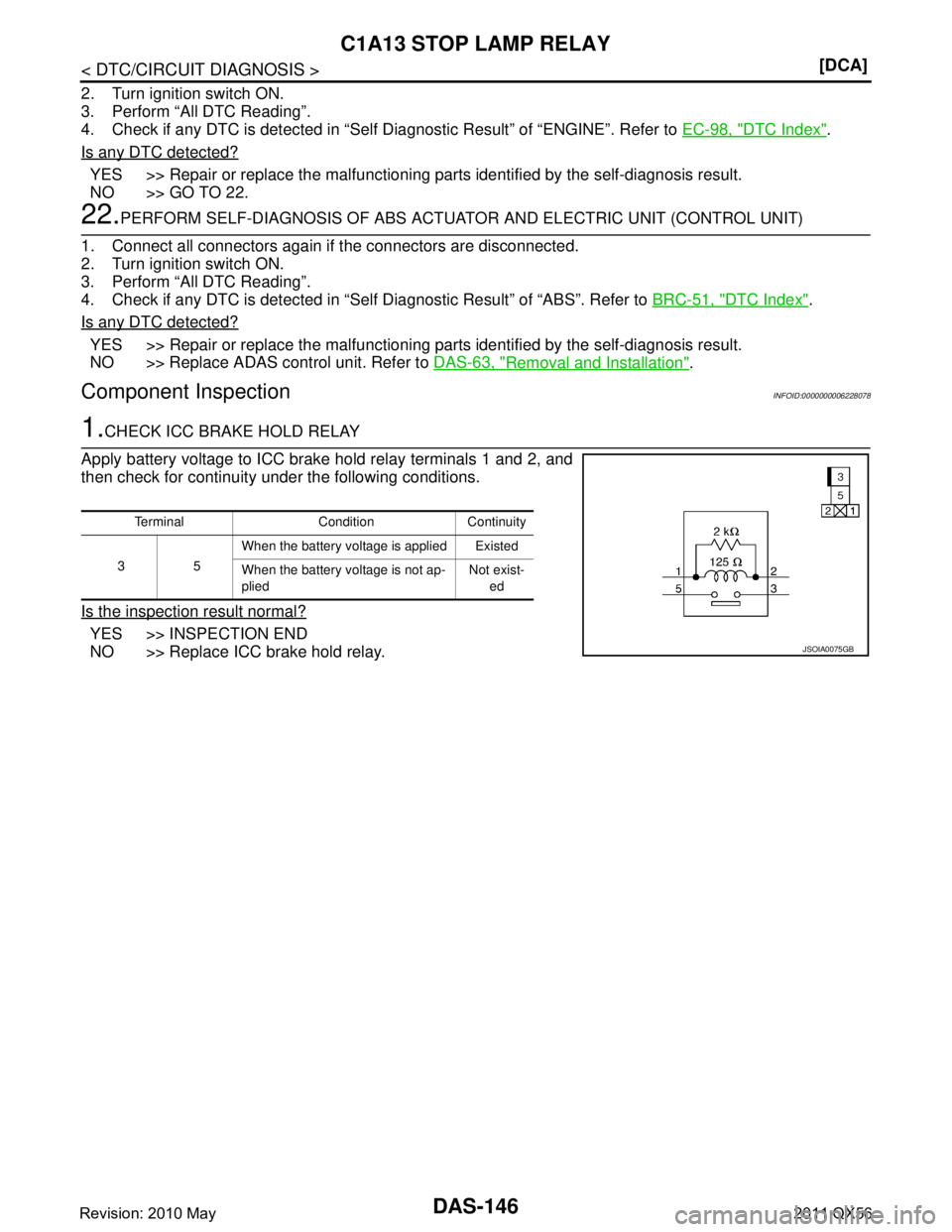 INFINITI QX56 2011  Factory Service Manual 
DAS-146
< DTC/CIRCUIT DIAGNOSIS >[DCA]
C1A13 STOP LAMP RELAY
2. Turn ignition switch ON.
3. Perform “All DTC Reading”. 
4. Check if any DTC is detected in “Self Diagnostic Result” of “ENGIN