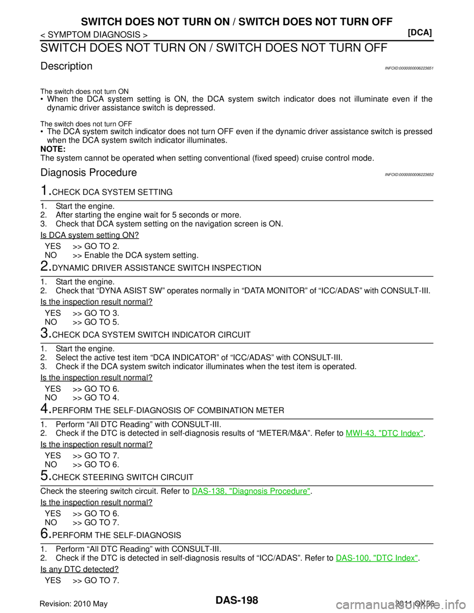 INFINITI QX56 2011  Factory Service Manual 
DAS-198
< SYMPTOM DIAGNOSIS >[DCA]
SWITCH DOES NOT TURN ON / 
SWITCH DOES NOT TURN OFF
SWITCH DOES NOT TURN ON / SWITCH DOES NOT TURN OFF
DescriptionINFOID:0000000006223651
The switch does not turn O