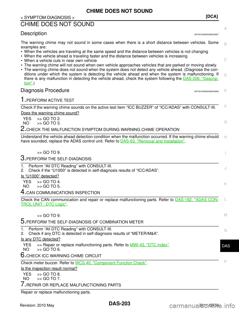 INFINITI QX56 2011  Factory Service Manual 
DAS
CHIME DOES NOT SOUNDDAS-203
< SYMPTOM DIAGNOSIS > [DCA]
C
D
E
F
G H
I
J
K L
M B
N P A
CHIME DOES NOT SOUND
DescriptionINFOID:0000000006223657
The warning chime may not sound in some cases when th