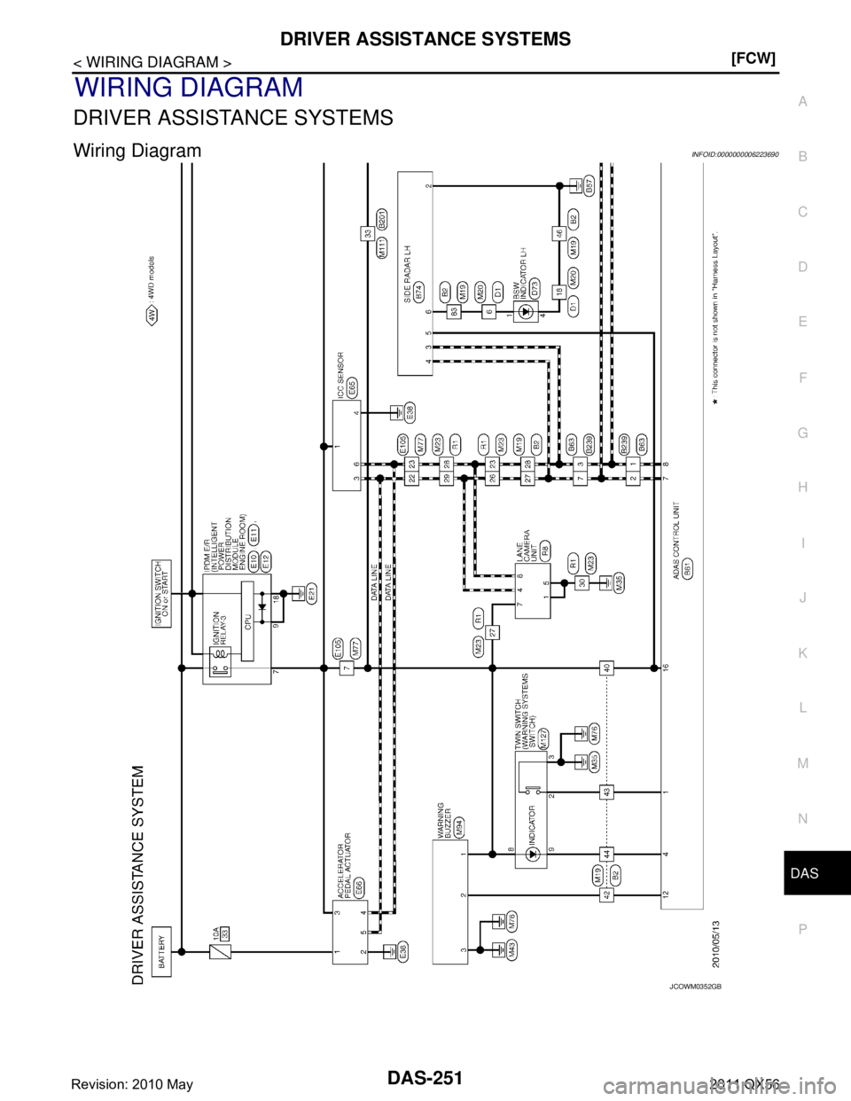 INFINITI QX56 2011  Factory Service Manual 
DAS
DRIVER ASSISTANCE SYSTEMSDAS-251
< WIRING DIAGRAM > [FCW]
C
D
E
F
G H
I
J
K L
M B
N P A
WIRING DIAGRAM
DRIVER ASSISTANCE SYSTEMS
Wiring DiagramINFOID:0000000006223690
JCOWM0352GB
Revision: 2010 M