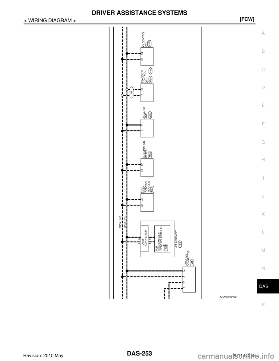 INFINITI QX56 2011  Factory Service Manual 
DAS
DRIVER ASSISTANCE SYSTEMSDAS-253
< WIRING DIAGRAM > [FCW]
C
D
E
F
G H
I
J
K L
M B
N P A
JCOWM0354GB
Revision: 2010 May2011 QX56  