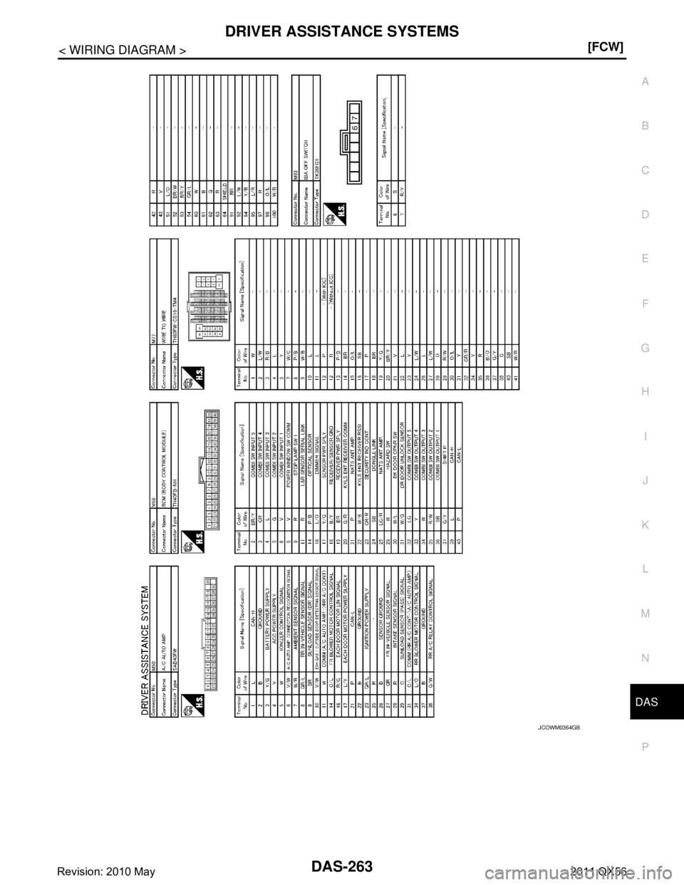 INFINITI QX56 2011  Factory Service Manual 
DAS
DRIVER ASSISTANCE SYSTEMSDAS-263
< WIRING DIAGRAM > [FCW]
C
D
E
F
G H
I
J
K L
M B
N P A
JCOWM0364GB
Revision: 2010 May2011 QX56  