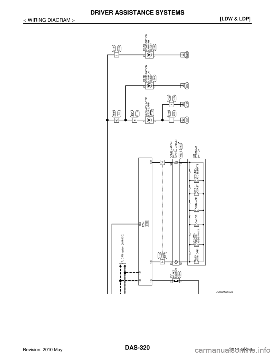 INFINITI QX56 2011  Factory Service Manual 
DAS-320
< WIRING DIAGRAM >[LDW & LDP]
DRIVER ASSISTANCE SYSTEMS
JCOWM0355GB
Revision: 2010 May2011 QX56  