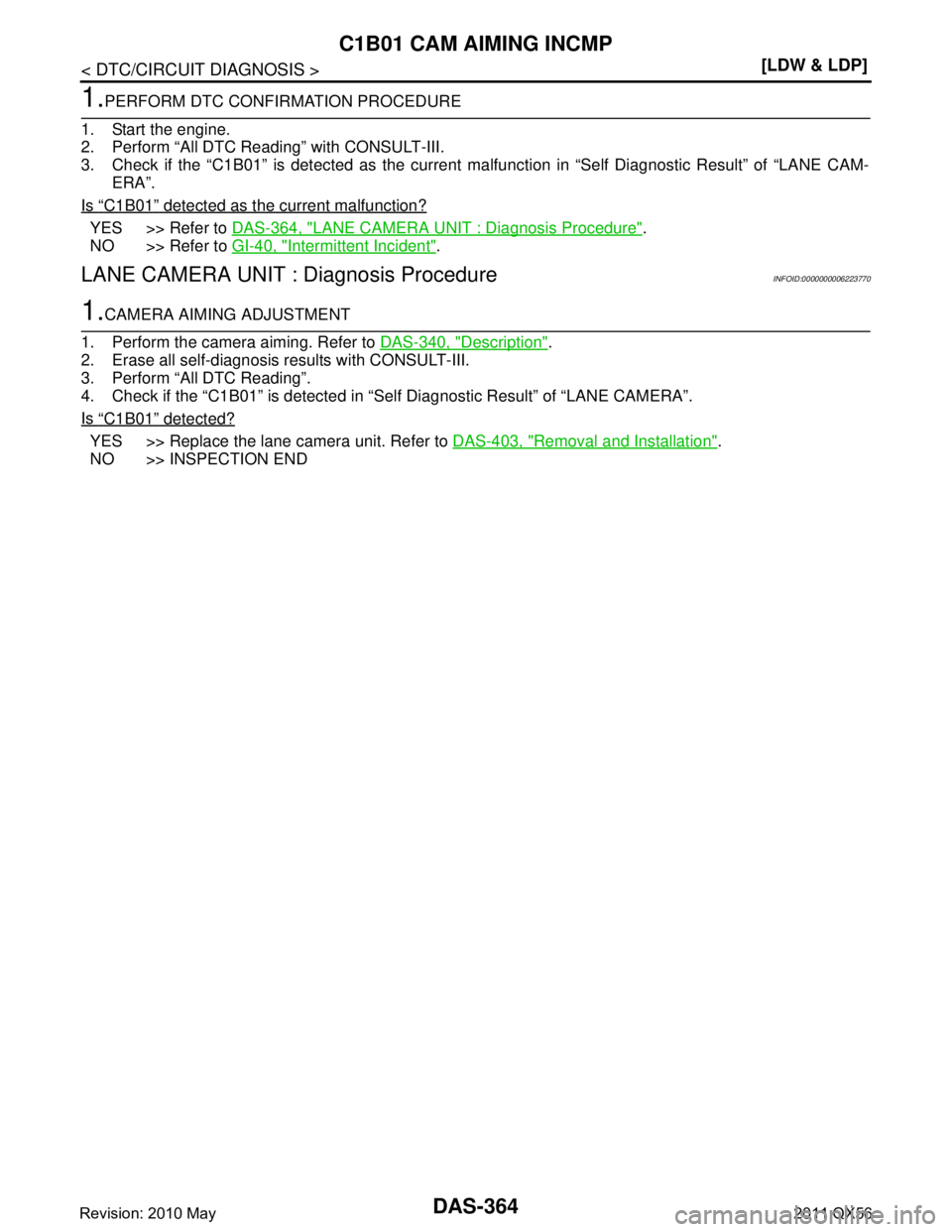 INFINITI QX56 2011  Factory Service Manual 
DAS-364
< DTC/CIRCUIT DIAGNOSIS >[LDW & LDP]
C1B01 CAM AIMING INCMP
1.PERFORM DTC CONFIRMATION PROCEDURE
1. Start the engine.
2. Perform “All DTC Reading” with CONSULT-III. 
3. Check if the “C1