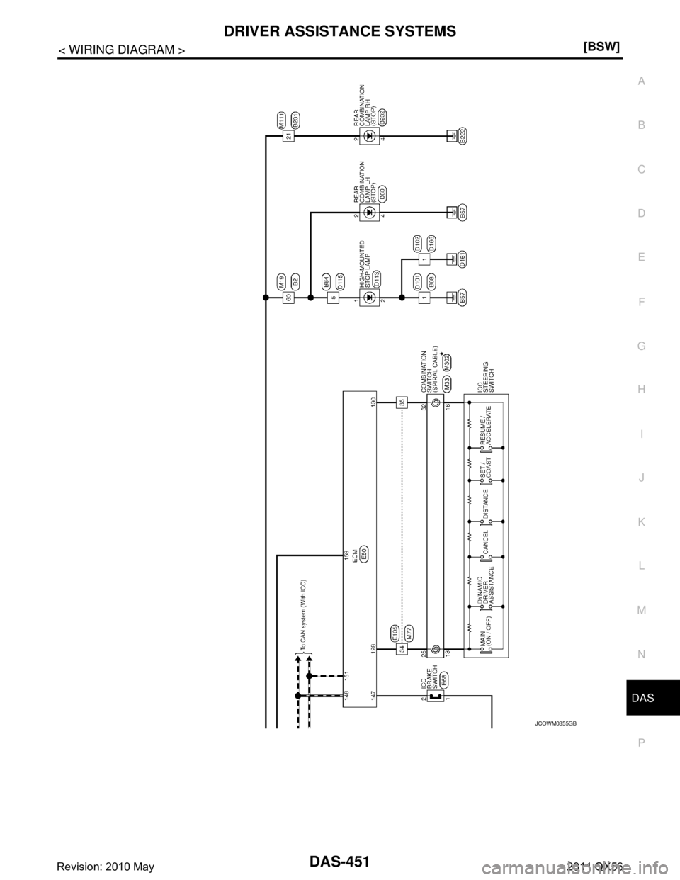 INFINITI QX56 2011  Factory Service Manual 
DAS
DRIVER ASSISTANCE SYSTEMSDAS-451
< WIRING DIAGRAM > [BSW]
C
D
E
F
G H
I
J
K L
M B
N P A
JCOWM0355GB
Revision: 2010 May2011 QX56  