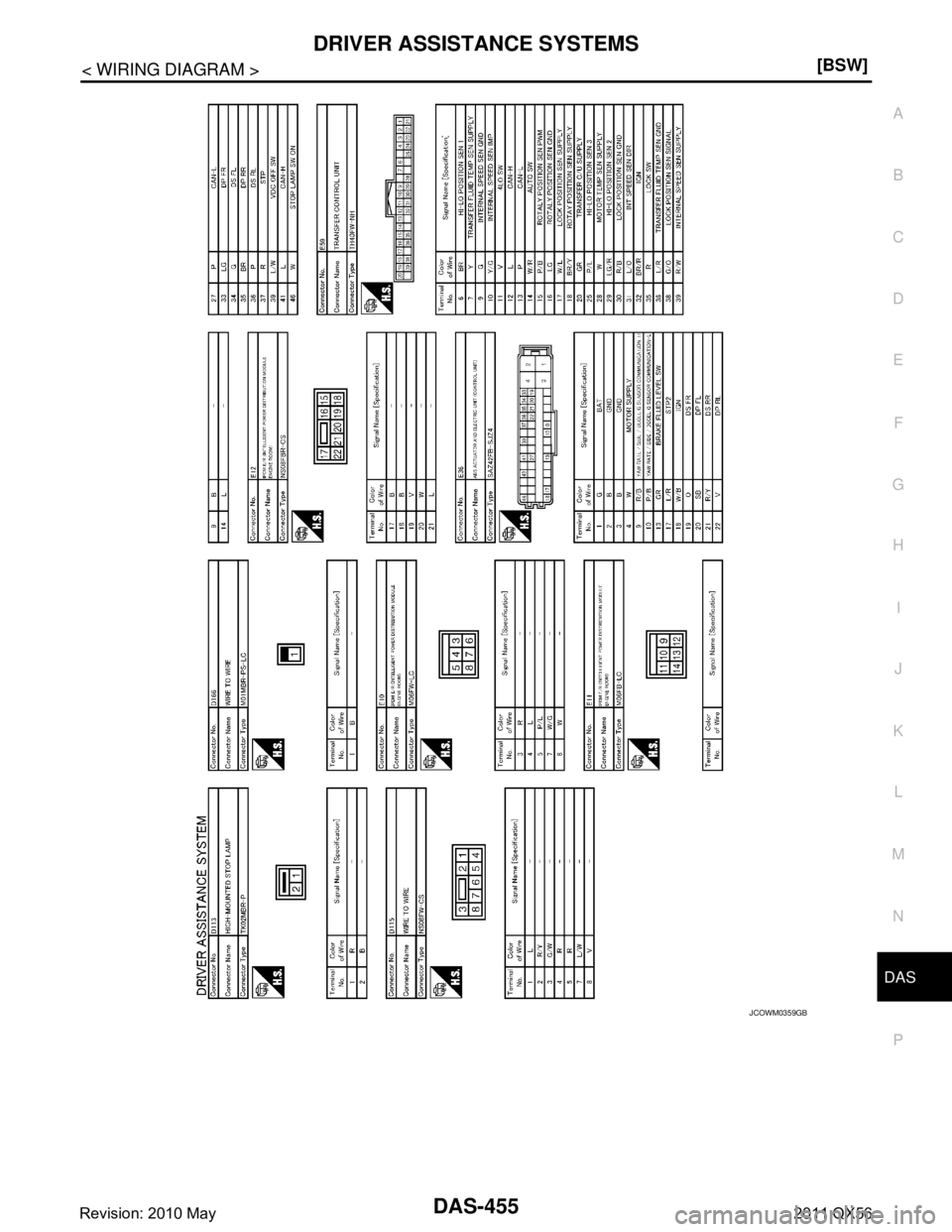 INFINITI QX56 2011  Factory Service Manual 
DAS
DRIVER ASSISTANCE SYSTEMSDAS-455
< WIRING DIAGRAM > [BSW]
C
D
E
F
G H
I
J
K L
M B
N P A
JCOWM0359GB
Revision: 2010 May2011 QX56  